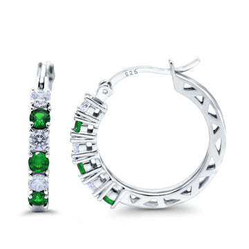Half Eternity Huggie Hoop Earrings Round Simulated Green Emerald Cubic Zirconia 925 Sterling Silver (21mm)